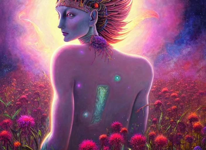 Image similar to a beautiful painting of a large alien godess emerging from a magical shrine shrouded by mystic nebula magic in a field of flowers by moebius and android jones, oil on canvas sharp, details, hyper - detailed, hd, hdr, 4 k, 8 k