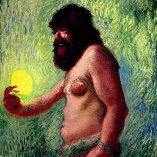 Image similar to caveman with a tinfoil hat, divination ball, portrait by monet