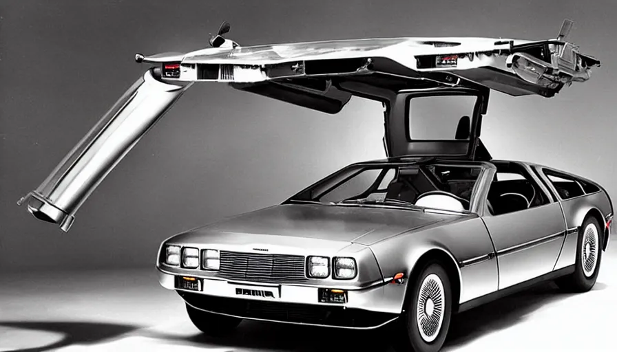 Image similar to 1955 DeLorean as designed by Ford concept by Syd Mead, catalog print