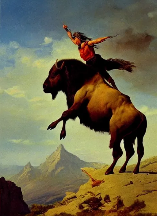 Image similar to beautiful native american riding bison, buffalo, powerful native american warrior, mountain range, beautiful sky, standing on the edge of a cliff, nineteenth century, painted by frazetta