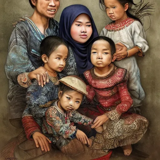 Prompt: an indonesian family portrait, hyperdetailed intricate, facial expressions, eyes, nose, lips, fingers, hand, high resolution, 4 k hd, illustrated by jean - baptiste monge, muted colors