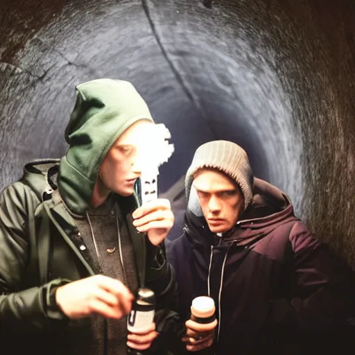 Prompt: chavs smoking and drinking in a dark tunnel both are wearing balaclavas, drum & bass