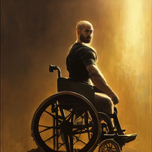 Image similar to handsome portrait of a wheelchair guy fitness posing, radiant light, caustics, war hero, one legged amputee, by gaston bussiere, bayard wu, greg rutkowski, giger, maxim verehin