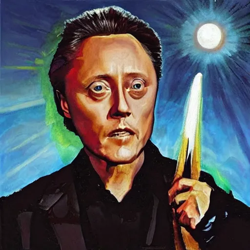 Image similar to Christopher Walken painted like a Saint with halo behind head