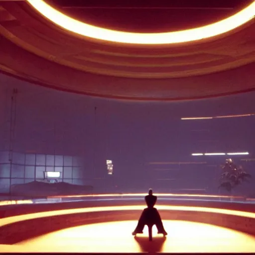 Image similar to a cinematic frame of a large dojo, night time, shot by roger deakins, dimly lit, low ceilings, beautiful futuristic architecture, chris nolan movie