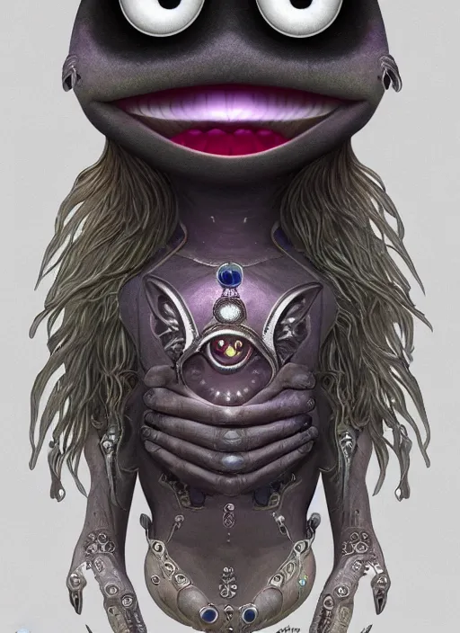 Image similar to occult muppet with glowing haunted eyes, metal skin, intricate, elegant, highly detailed, centered, digital painting, artstation, concept art