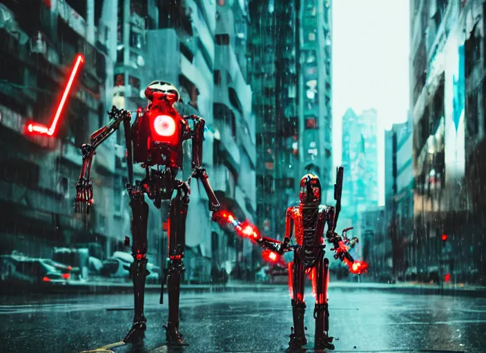 Image similar to 3 5 mm portrait photo of general grievous with heavy duty biomechanical cybernetic body with 4 arms holding 4 activated red lightsabers in the city in the rain. cyberpunk horror style.