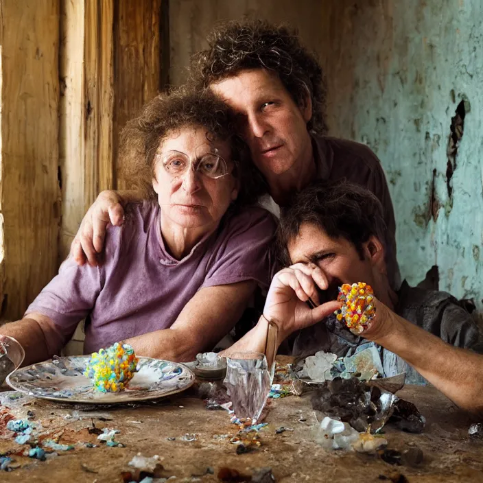 Prompt: closeup portrait of a couple eating colorful crystal geodes at a dining table, in a desolate abandoned house, by Annie Leibovitz and Steve McCurry, natural light, detailed face, CANON Eos C300, ƒ1.8, 35mm, 8K, medium-format print