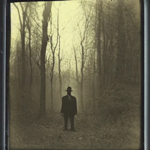 Image similar to slender dark ominous figure standing in the woods, dark, creepy, 1910 Polaroid photograph