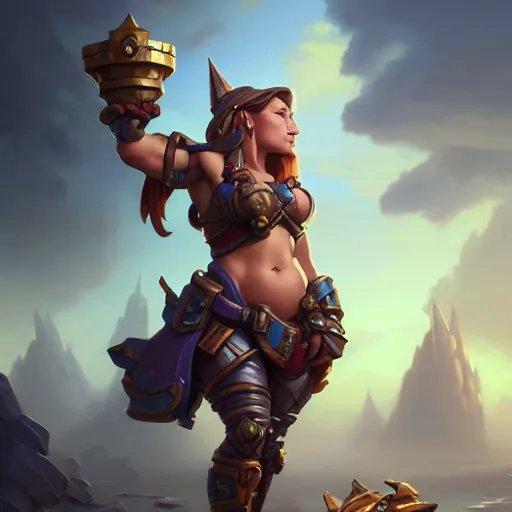 Image similar to beautiful muscular gnome engineer, full body portrait, metal gauntlet, female, naval landscape, d & d, fantasy, intricate, elegant, highly detailed, digital painting, artstation, octane render, concept art, matte, sharp focus, illustration, hearthstone, art by artgerm and greg rutkowski and alphonse mucha