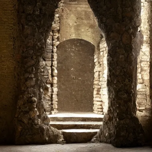 Prompt: ruins of a medieval throne room with all seats replaced by people encased in crystal, perspective from the entrance, dark