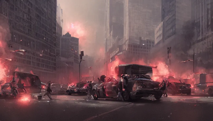 Image similar to Movie scene of people fleeing from explosions in Chicago, hyperdetailed, artstation, cgsociety, 8k