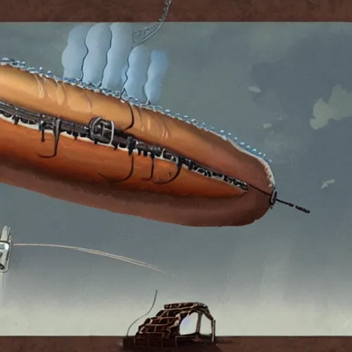 Prompt: a concept art of a steampunk airship with a shape of an hot dog