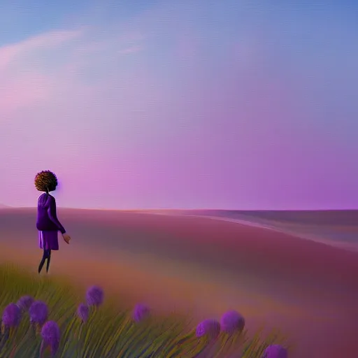 Image similar to portrait, giant purple dahlia flower head, girl walking between dunes, surreal photography, sunrise, blue sky, dramatic light, impressionist painting, digital painting, artstation, simon stalenhag