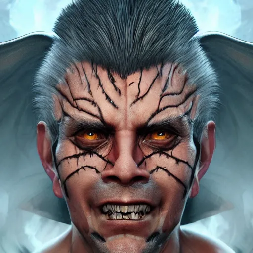 Prompt: portrait of a 5 0 - year - old draconic man with a bold head and shave face with scar on his face, wearing a simple robe, hyper realistic face, beautiful eyes, character art, art by mark brooks, hyperdetailed, cryengine, trending on artstation, digital art