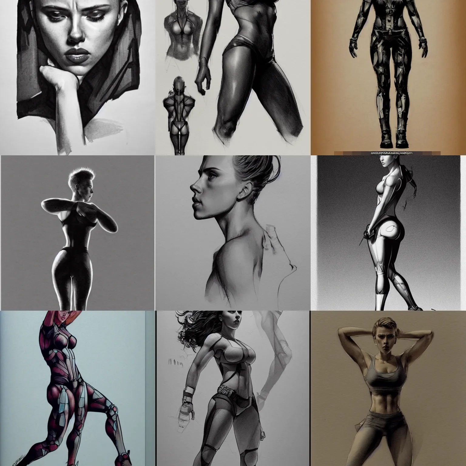 Prompt: most strongest pose, scarlett johansson as gigachad with perfect symmetrical anatomical proportions by greg rutkowski, pencil and ink, dramatic lighting, full body profile pose