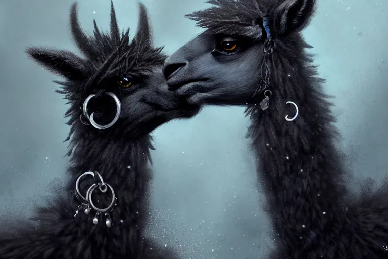 Image similar to highly detailed animal portrait of a goth alpaca with piercings, black eyeshadow, piercings!, earrings!, digital art made by makoto shinkai, lois van baarle, greg rutkowski and jakub rebelka, highly detailed, symmetrical, extremely coherent, smooth, shaped focus, dystopian gray forest background, skull