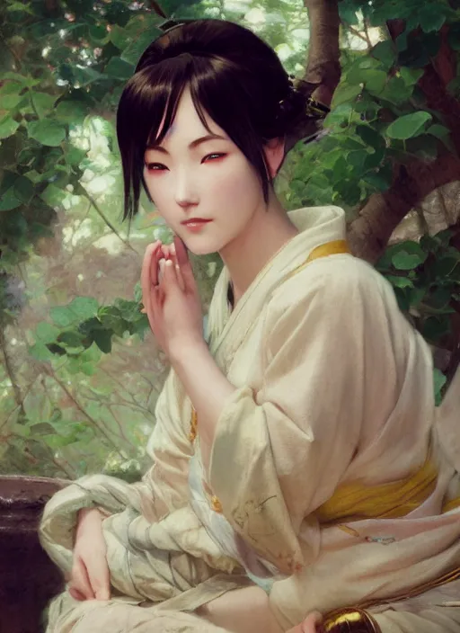 Image similar to detailed portrait of serene anime girl gwen wearing hanfu, closed eyes, natural light, painting by gaston bussiere, craig mullins, j. c. leyendecker