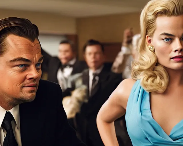 Prompt: leonardo dicaprio as the wolf of wall street next to margot robbie as naomi from the wolf of wall street, hyper realistic faces, detailed eyes, cinematic, long shot, hyper detailed, 8 5 mm photograph, 8 k resolution, film still, sharp lens, wide lens