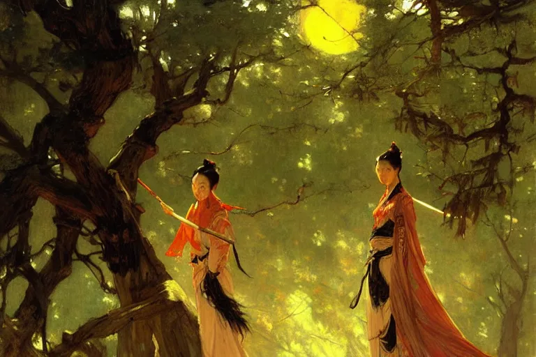 Image similar to wuxia, forest, moonlight, painting by gaston bussiere, craig mullins, j. c. leyendecker