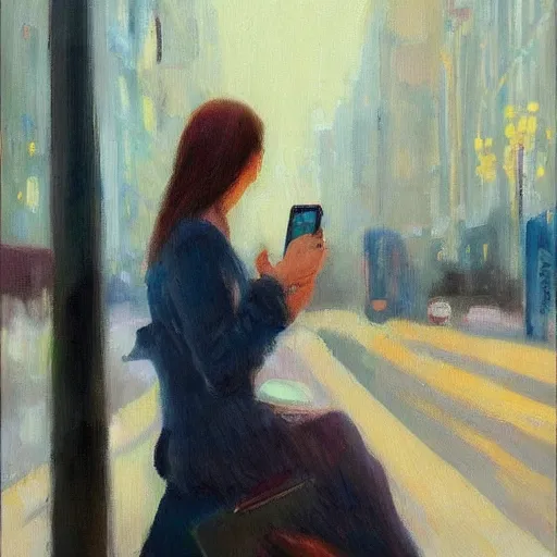 Image similar to a modern impressionist painting of a woman with a smartphone, oil on canvas, trending on artstation