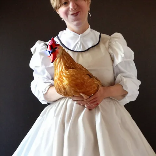 Image similar to chicken wearing a maid dress