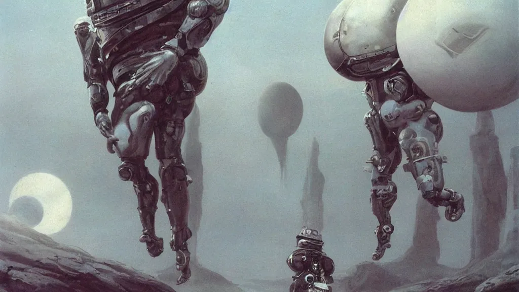 Image similar to futuristic organic spacesuit design by john schoenherr and jim burns, epic cinematic matte painting