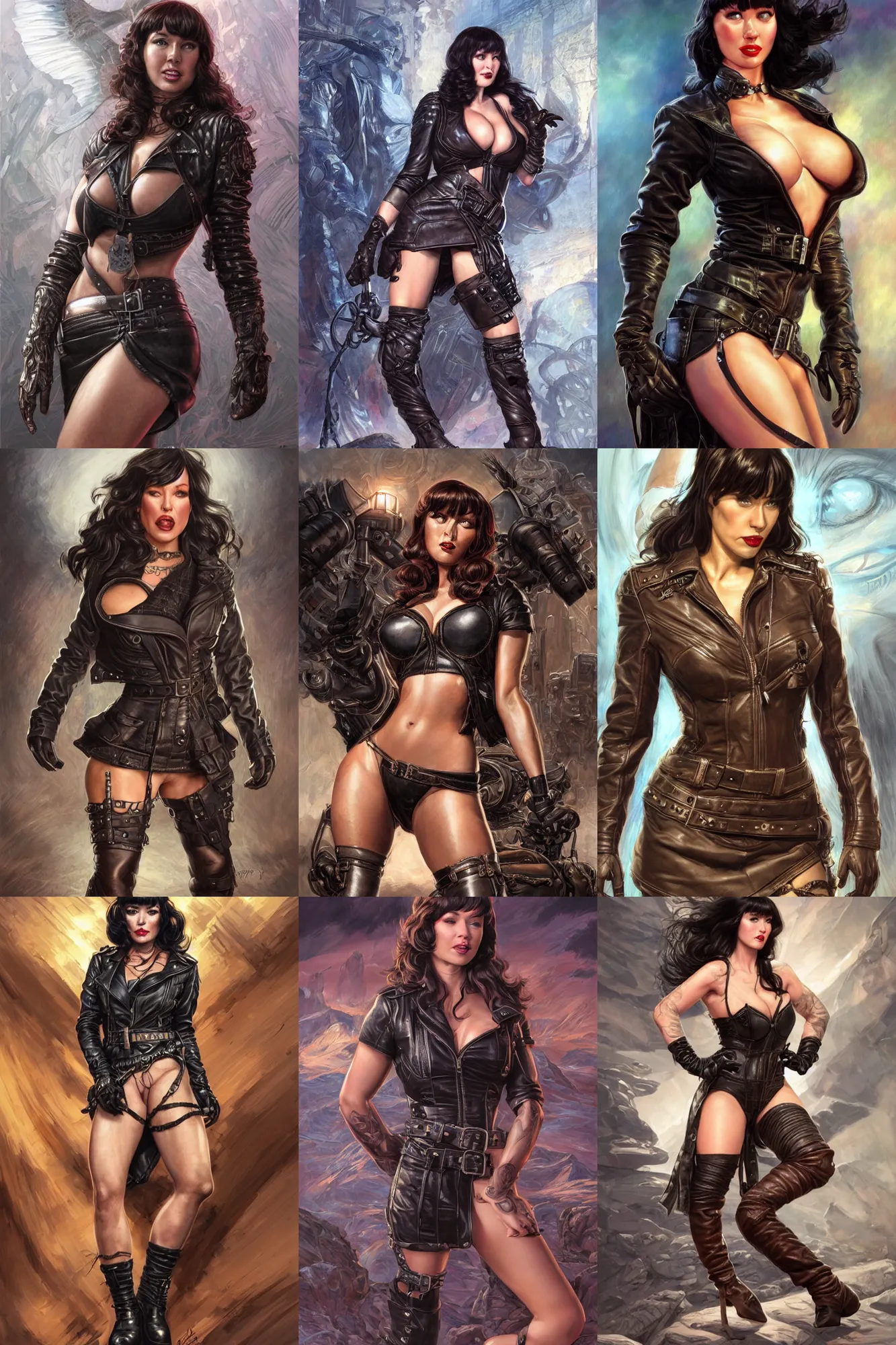 Prompt: muscled Betty Page as a ruggedly handsome heroine , dressed in leather biker jacket and leather skirt , backlit, intricate, elegant, highly detailed, centered, digital painting, artstation, concept art, smooth, sharp focus, illustration, art by artgerm and donato giancola and Joseph Christian Leyendecker, Ross Tran, Alex Ross, WLOP