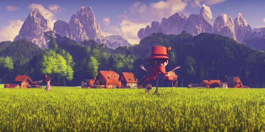 Image similar to a ultra photorealistic and sharp film still of an a sunny and colourful open field in 1 9 1 6 in the middle of the bavarian alps, germany. wide shot, frog perspective, wes anderson, studio ghibli, pixar and disney animation, octane render, anime key art by greg rutkowski, dramatic lighting, award winning photography