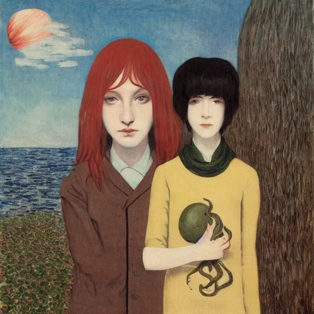 Prompt: tall emo girl artist holding an octopus, in odawara, books, small portraits, gourds, berries, pigs, acrylic on canvas, surrealist, by magritte and monet