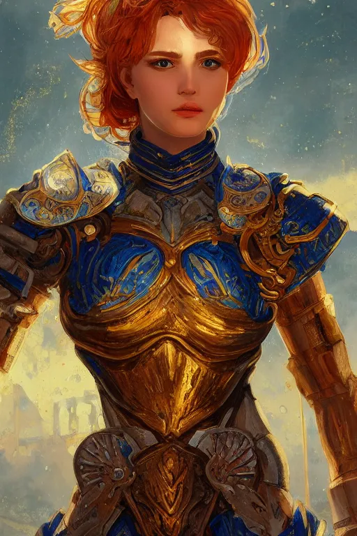 Image similar to portrait knights of Zodiac girl, metalic orange and dark blue reflected armor, in ruined Agora of Athens, ssci-fi, fantasy, intricate, very very beautiful, elegant, golden light, highly detailed, digital painting, artstation, concept art, smooth, sharp focus, illustration, art by tian zi and WLOP and alphonse mucha