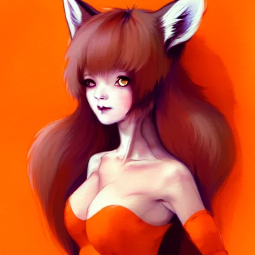 Image similar to character design portrait of a beatiful anthropomorphic furry fox woman with fox ears, long orange hair, wearing a hot dress, looking at the camera, 4 k, concept art, by wlop, wenjun lin, watercolor, ilya kuvshinov, artgerm, krenz cushart, pixiv.