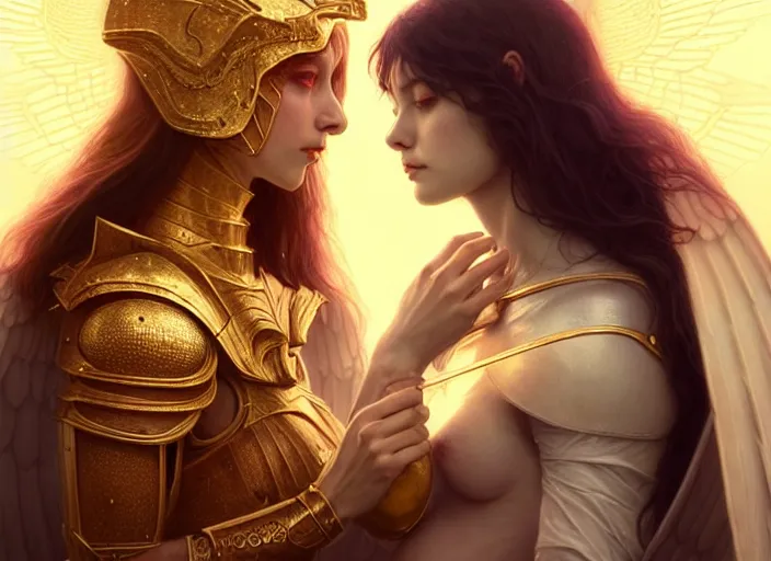 Image similar to portrait of demonic woman and angelic woman in armour, confident pose, pixie, genshin impact, intricate, elegant, golden ratio, sharp focus, soft bokeh, illustration, highly detailed, concept art, matte, trending on artstation, bright colors, art by wlop and artgerm and greg rutkowski, mucha, giger, marvel comics