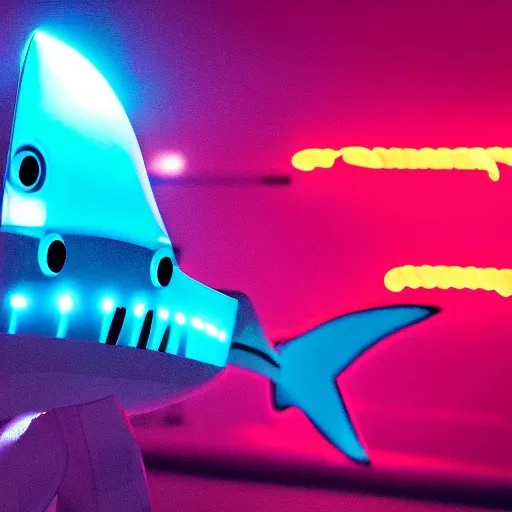 Prompt: action photo of robot shark emitting an neon light from its eyes, from nature journal, 1 / 1 0 0 0 sec shutter, action photo
