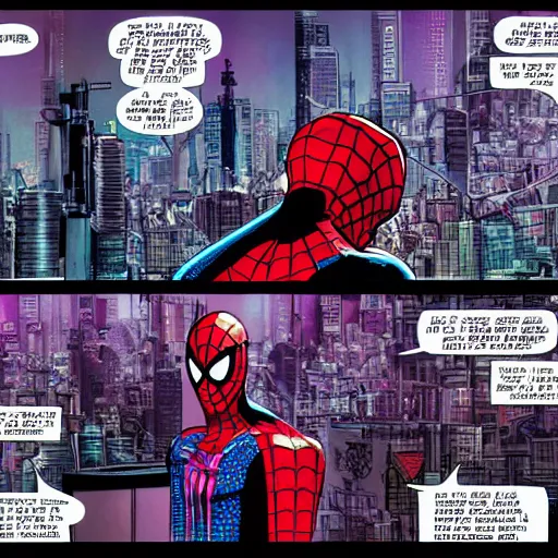 Image similar to spider man comic in cyberpunk future