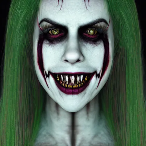 Image similar to alan lee portrait of fairuza balk as a realistic evil demon girl clown with deep dark eyes and lots of mascara and green hair and sharp wicked metal teeth and tattered elven ears very ugly creature by guillermo del toro redshift 3 d render, 1 1 aperture, 3 5 mm, canon 5 d