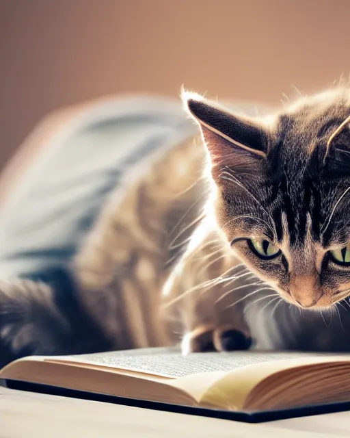 Image similar to high quality presentation photo of a cute mechanical cat reading a book, photography 4k, f1.8 anamorphic, bokeh, 4k, Canon, Nikon