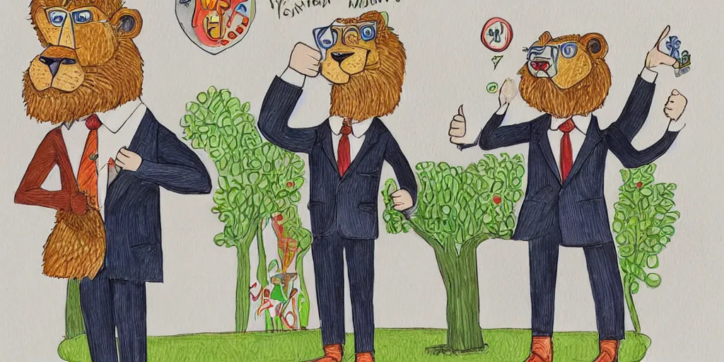 Image similar to an anthropomorphic lion wearing a suit and giving a thumbs up to his business partner, by lisa hanawalt, by wanda gag