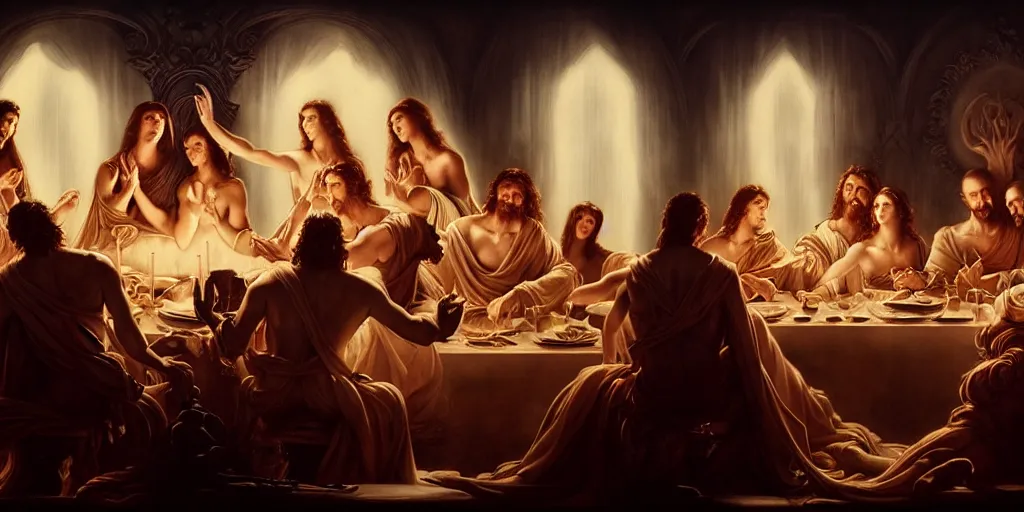 Prompt: the last supper, by Rolf Armstrong and Evelyn De Morgan and Bastien Lecouffe-Deharme, dramatic lighting, high contrast colors, baroque, empyrean, panoramic view, as trending on Artstation, highly detailed, doom engine,