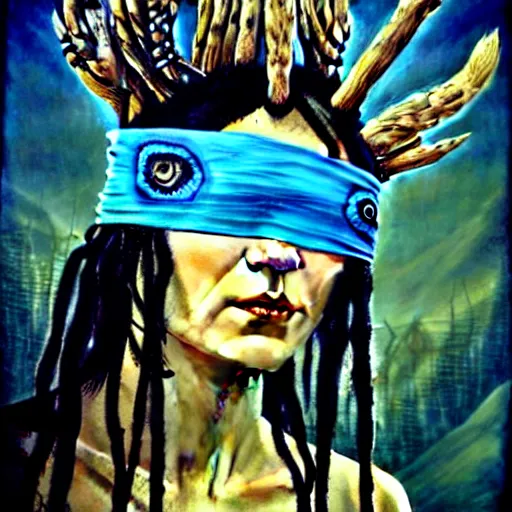 Image similar to A young blindfolded shaman woman with a decorated headband, in the style of heilung, blue hair dreadlocks and wood on her head., made by karol bak