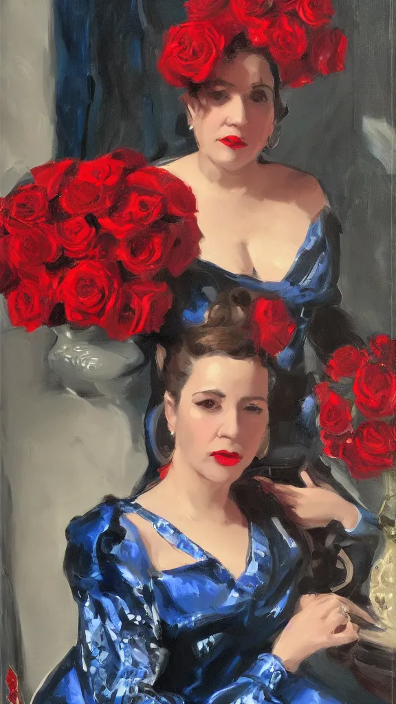 Image similar to portrait of rebekah delrio in lynch pattern dress beside of a big persian detailed pot of red roses, cinematic, artstation, blue and red lights painted by john singer sargent