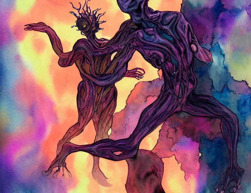 Prompt: amorphous lifeform taking over a person's body, safe for work. this watercolor painting by the award - winning comic artist has dramatic lighting, an interesting color scheme and intricate details.