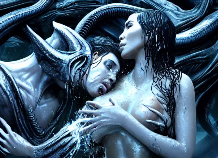 Image similar to film still of kim kardashian being licked by an xenomorph slathered in a transparent alien liquid, wet flowing hair, gooey skin, illustration, unreal engine 5, 8 k, directed by h. r. giger.