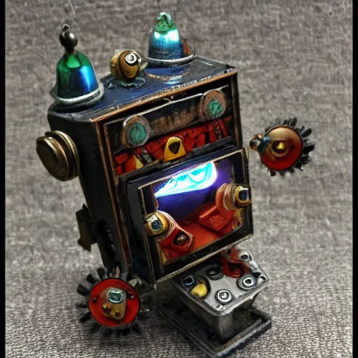 Prompt: E.M. Pino : miniature anti-bot machine created by Ziggy, the former Demon King