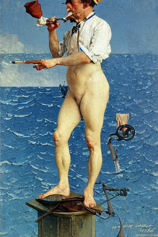 Image similar to body portrait of a french sailor smoking a pipe at sea, colour painting by norman rockwell, guidi prime background by carl spitzweg