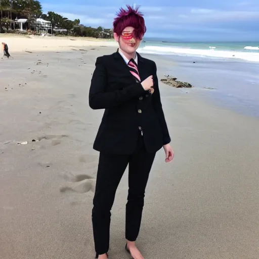 Prompt: Tomboy in a punk business suit at the beach