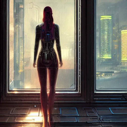 Image similar to portrait of cyberpunk woman looking out of a window, cyberpunk setting, futuristic, highly detailed, intricate lighting, digital painting, sharp focus, illustration, trending on artstation, art by marc simonetti.