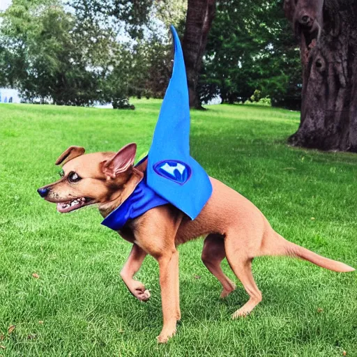 Prompt: light brown female dog wearing a blue superhero cape, she's flying through the sky. As photograph