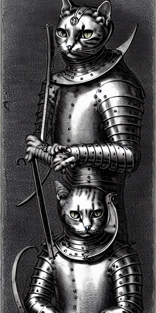 Image similar to engraving portrait of humanoid cat in medieval armoury by gustave dore. trending on deviant art, street art, chillwave, maximalist, full of color, glittering, 8 k, hd