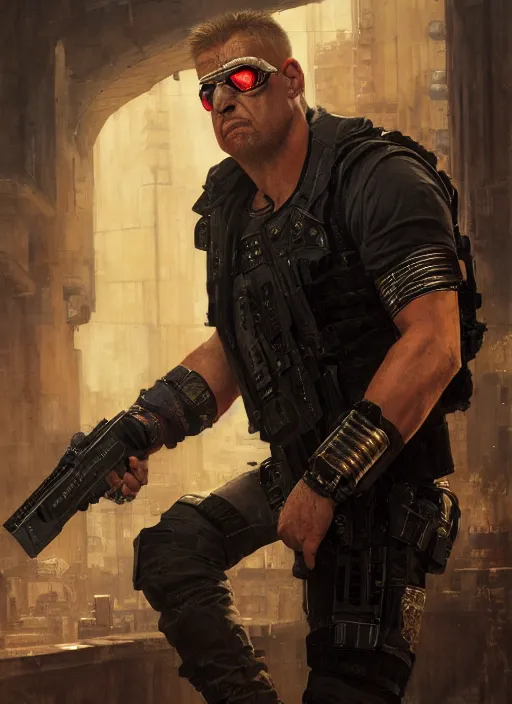 Image similar to duke nukem. cyberpunk mercenary in a military vest ( blade runner 2 0 4 9, cyberpunk 2 0 7 7 ). orientalist portrait by john william waterhouse and james gurney and theodore ralli and nasreddine dinet, oil on canvas. cinematic, hyper realism, realistic proportions, dramatic lighting, high detail 4 k